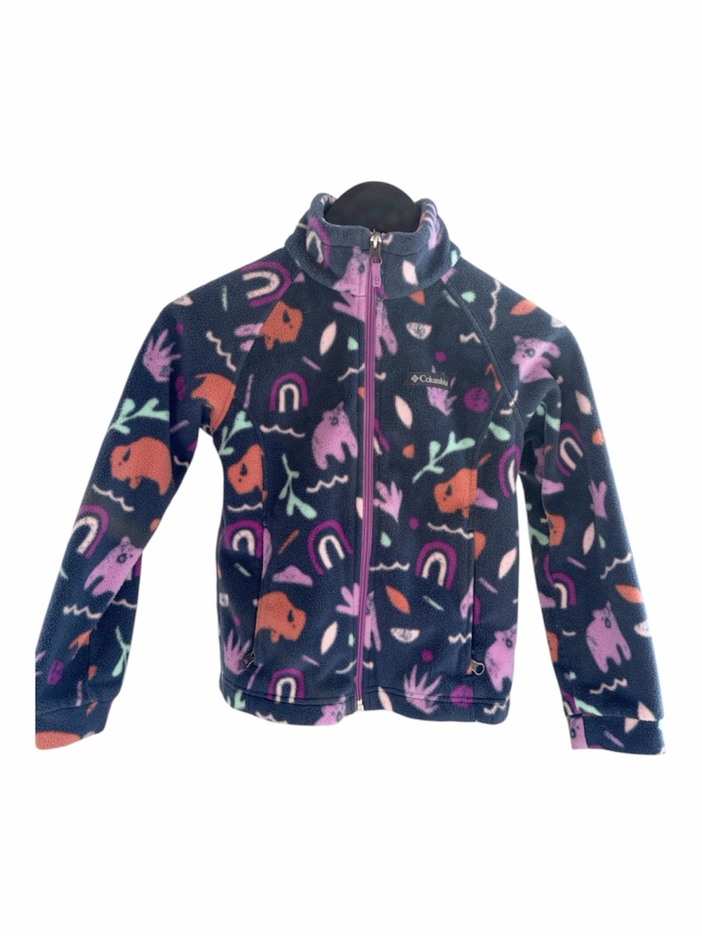 Columbia Girls' Navy Print Fleece Jacket with Purple & Coral Accents